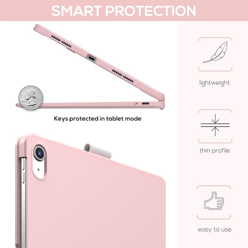 typecase حافظة آيباد 11 الجيل العاشر مع لوحة مفاتيح (11" 2025، A16 و10.9" 2022) – قابلة للدوران 360°، إضاءة خلفية بـ 11 لون، لوحة تتبع متعددة اللمس، حامل قلم، رقيقة وخفيفة – وردي فاتح - Image 5